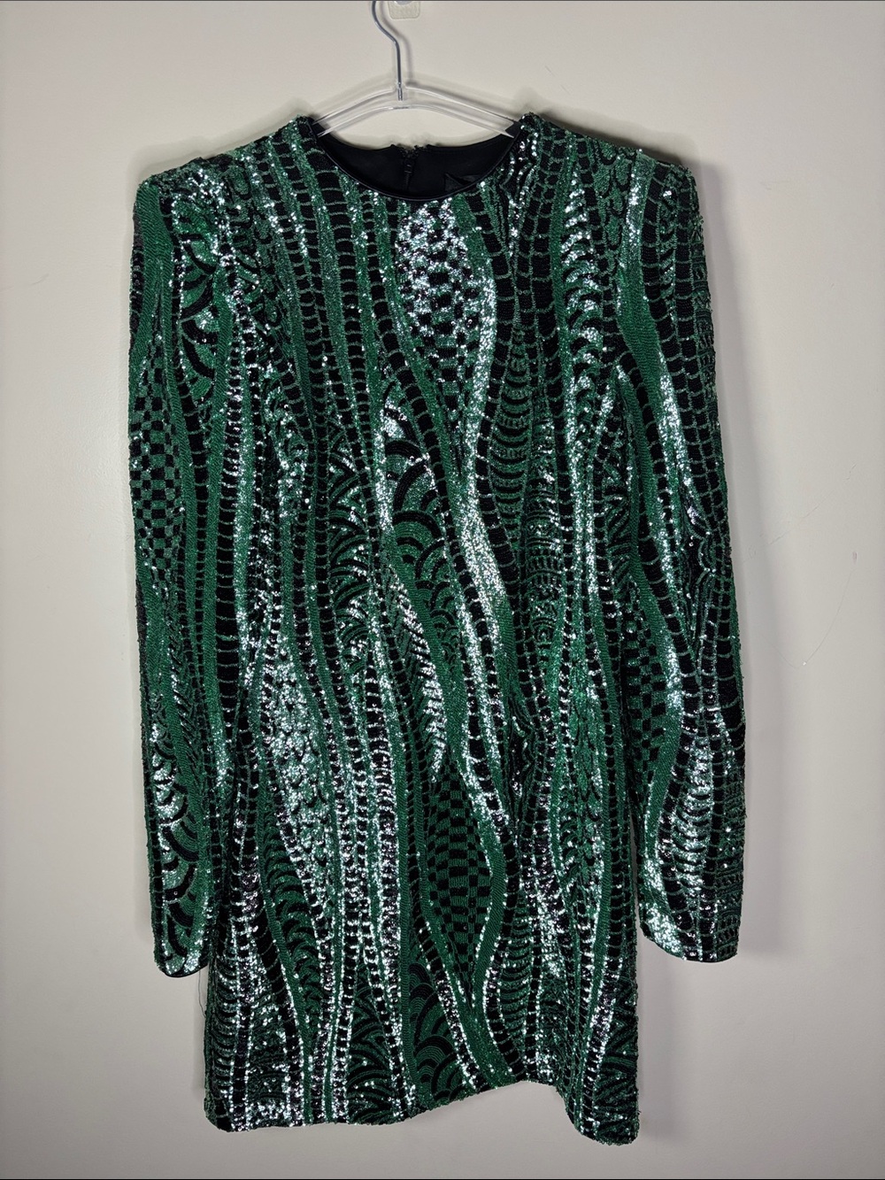 Aqua Emerald and Black Long Sleeve Sequin Mini Dress